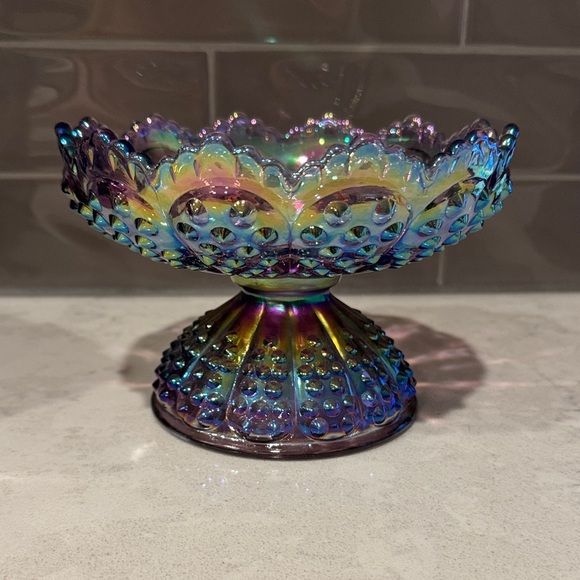 Fenton Hobnail Pedestal Candle Holder Center Piece in purple iridescent